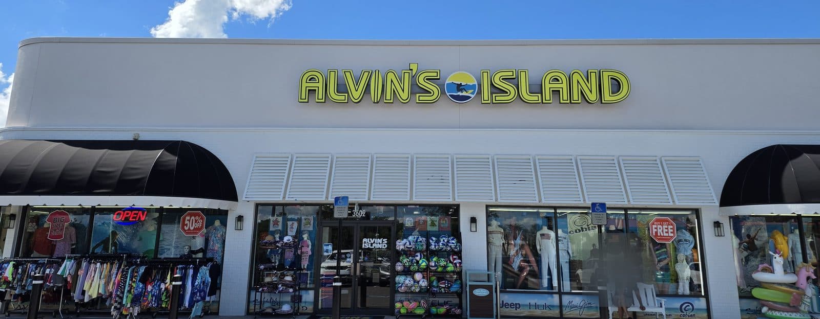 The Alvin's Island beach shop front on East Bay Dr